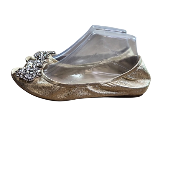 Vera Wang Lavender Label Luna Gold Leather Crystal Peep Toe Wedding Flats - Picture 1 of 14